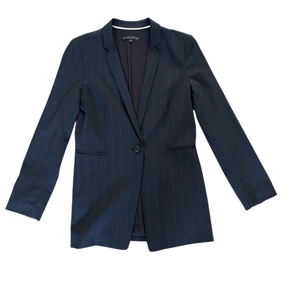 ANTONIO MELANI Navy Blue pin stripe long Blazer single breasted wool Sz: 8 NWOT - Picture 4 of 10